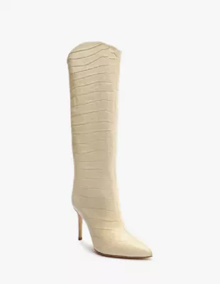 Maryana Croc Embossed Knee High Boots in White