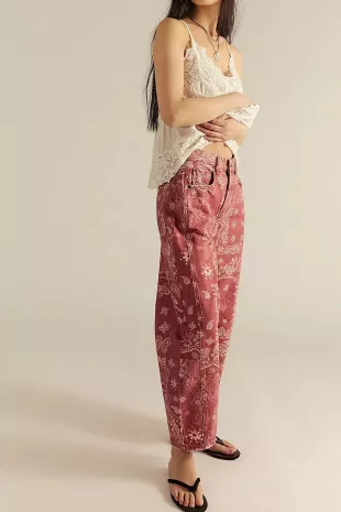 Good Luck Printed Barrel Denim Jeans in Red