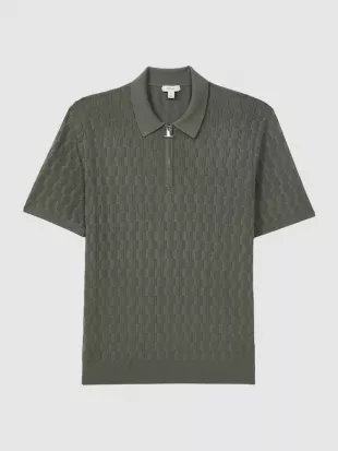 Half Zip Textured Polo T Shirt in Sage