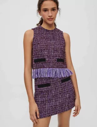 Purple Tweed Sleeveless Fringed Top