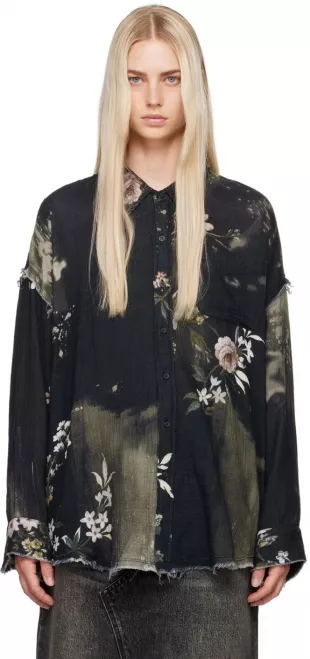 Black Shredded Seam Drop Neck Shirt