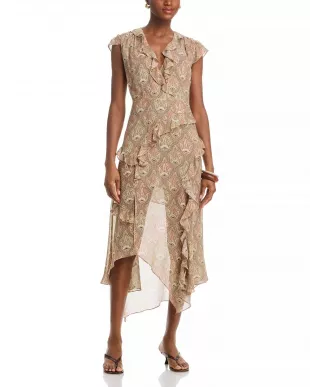 Avenel Paisley Asymmetric Hem Silk Dress