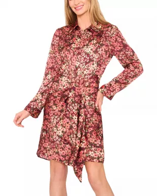 Floral Print Tie Front Shirtdress in Fresh Berry