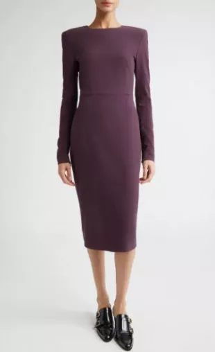 Strong-Shoulder Long-Sleeve Midi T-Shirt Dress