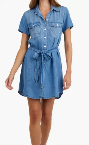 Short Sleeve Tie Belt Denim Shirtdress