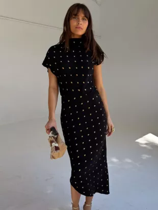 Black Short Sleeve High Neck Plisse Desiree Asymetric Midi Dress