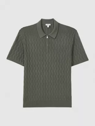 Half Zip Textured Polo T Shirt in Sage