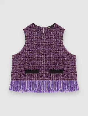 Purple Tweed Sleeveless Fringed Top