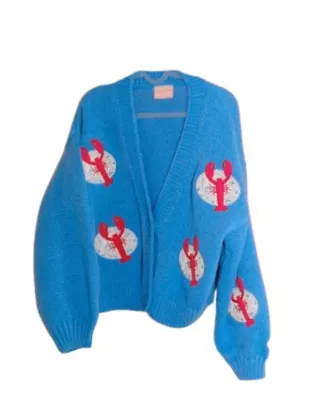 Summer House Amanda Batula S10 Lobster Print Blue Cardigan