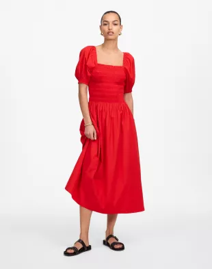 Smocked Puff Sleeve Midi Dress