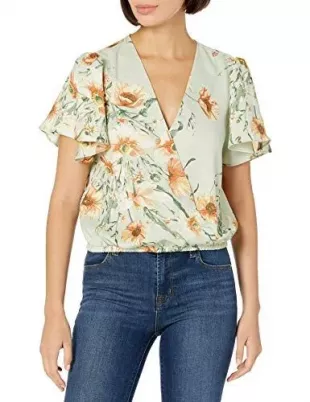 Short Flutter Sleeve Surplice V-Neck Top