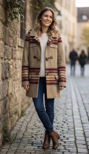 Hooded Tan Wool Striped Toggle Coat