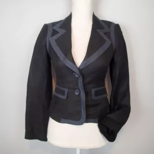 Blazer Black Blue Trim Linen Blend Size 2 Jacket Workwear
