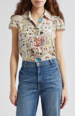 Joy Botanical Print Silk Button Up Shirt