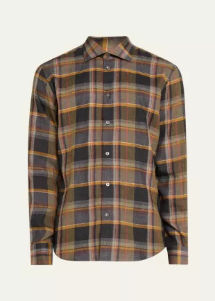 Men's Linen Plaid Casual Button Down Shirt