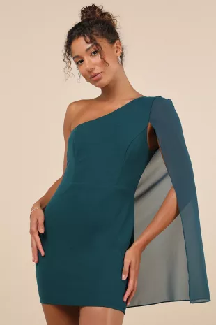 Majestic Energy Teal Green Cape Sleeve One Shoulder Mini Dress