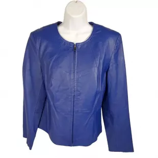 News Womens Blue Leather Long Sleeve Round