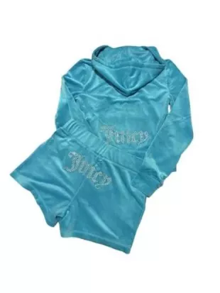 Velour Coastal Teal Tracksuit Jacket and Shorts Set