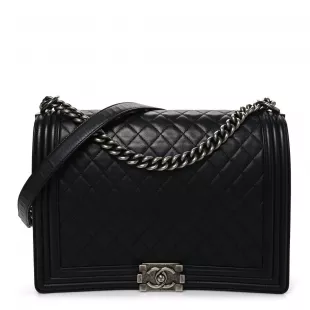 Lambskin Quilted Large Boy Flap Black