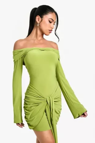 Twist Detail Off Shoulder Flare Long Sleeve Mini Dress
