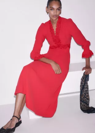 Red Fit + Flare Lace Detail Maxi Dress
