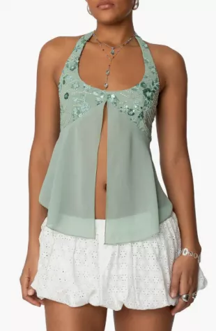 Floral Sequin Split Chiffon Halter Top