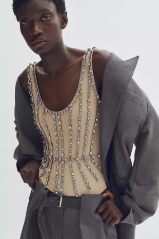 Crystal-Embellished Mesh Bodysuit