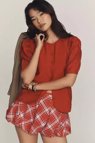 Puff-Sleeve Button-Front Top