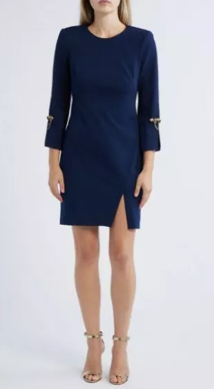 Brooch Detail Long Sleeve Crepe Shift Dress