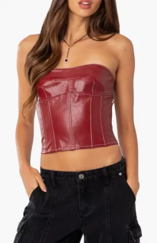 Moss Lace Up Strapless Faux Leather Corset Top