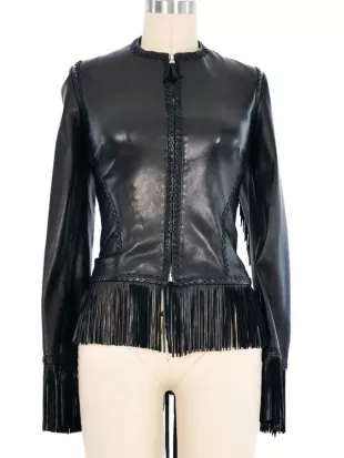 Fringe Trimmed Lace Up Leather Jacket