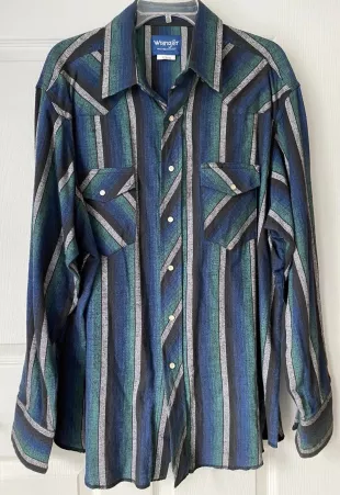 Western Shirt Blue Stripe Pearl Snap Flannel Long Sleeve