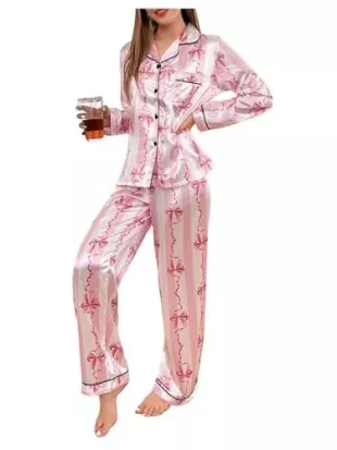 2 Piece Bowknot Print Satin Pajama Set