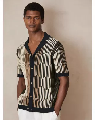 Andre Stripe Camp Shirt in Navy/Camel