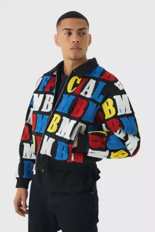 Boxy Letter Badge Collared Varsity Jacket In Black