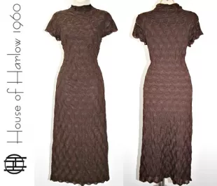 1960 Mock Neck Stretch Scalloped Edges Midi Dress