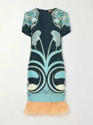 Swing printed Feather-trimmed Silk-twill Mini Dress