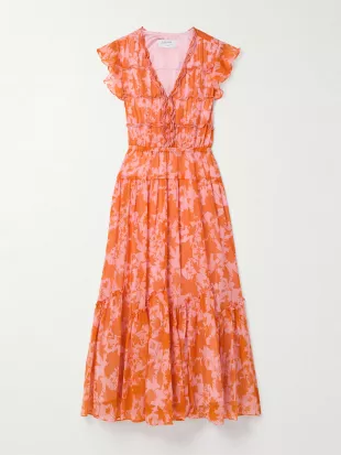 Olympia Pintucked Ruffled Floral-print Silk-chiffon Midi Dress