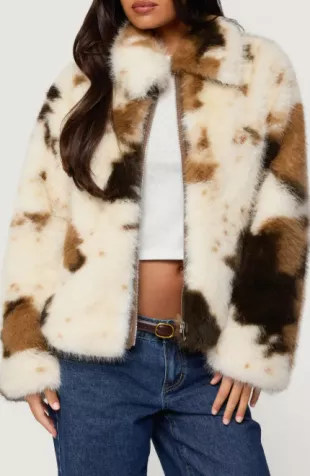 Rayan Cow Print Faux Fur Jacket