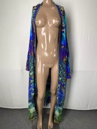 Blue Floral Printed Long Silk Robe