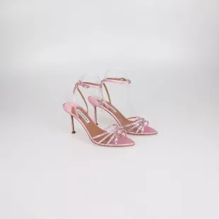 Pink Satin Crystal Embellished Tell Me Ankle Strap Sandals