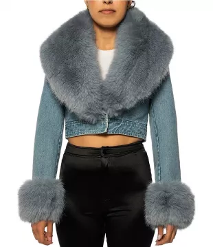 Gisele Denim Faux Fur Collared Cropped Jacket