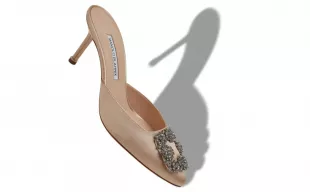 Light Beige Satin Jewel Buckle Mules