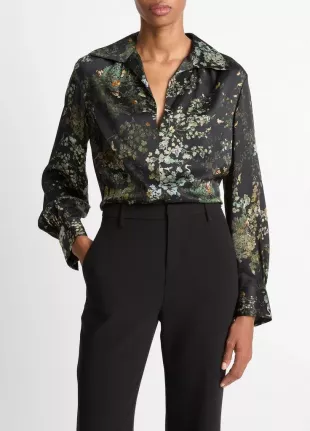 Smocked Grape Vine Silk Long-Sleeve Blouse