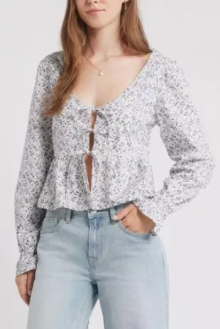 Tie Front Scoop Neck Cotton Poplin Peplum Top