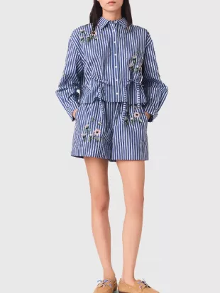 The View Sara Haines Blue Floral Embroidered Striped Shirt