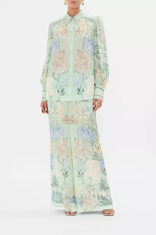 Button Through Blouson Sleeve Blouse