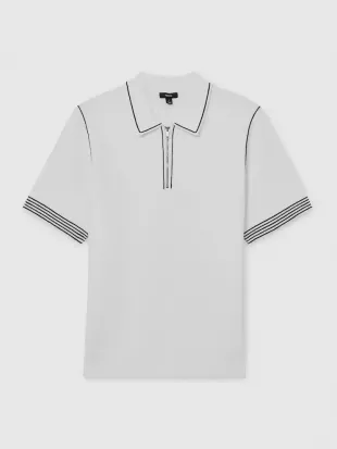 White Mason Stitch Detail Half Zip Polo Shirt