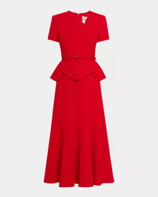Wrap Peplum Belted Crepe Midi Dress