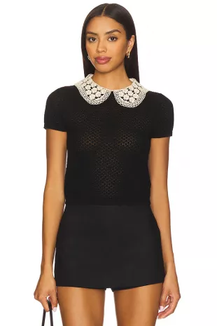 Black/White Crochet Collar Short Sleeve Knit Top
